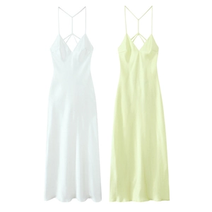 Detailed view of satin slip dresses with cross back drawstring and silky texture finish