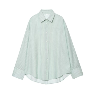 Women's spring mint green and white striped oversized long-sleeve shirt with lapel