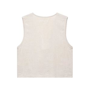 Beige sleeveless linen blend vest for women featuring a minimalist back view design