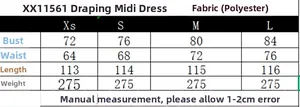Guide des tailles pour robe midi XX11561 avec mesures de poitrine et taille en XS-L