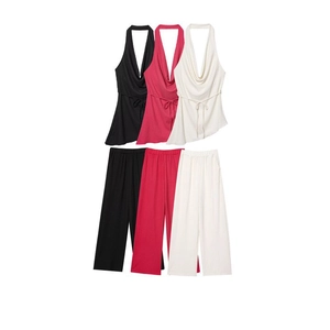 Women Top And Bottom Irregular Cowl Neck Halter Blouse High Waist Wide Leg Pants Textured Solid Color Casual Outfits