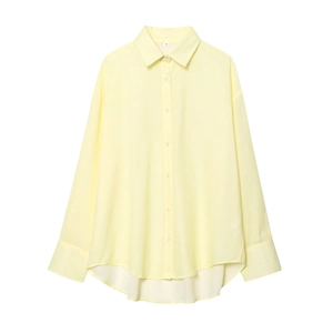 Women's light yellow and white striped loose shirt with classic lapel collar and curved hem