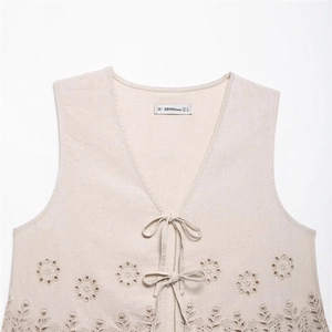 Women's vintage beige linen vest with hollow floral embroidery and lace-up front