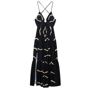 Robe Midi Style Français À Col En V Et Fente Pour Femme Imprimé Géométrique Sans Manches Dos Nu Robe D'Été