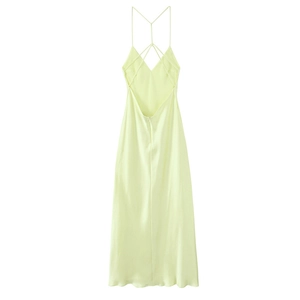 Detailed back view of lime satin slip dress featuring elegant criss-cross tie straps