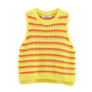 Gilet in Maglia Casual da Donna Giallo Arancio a Righe Senza Maniche Crop Top Girocollo Maglione all'Uncinetto per l'Estate