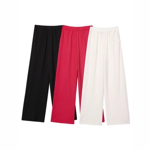 Women's casual high-waisted wide-leg pants in black, rose red, and white colors