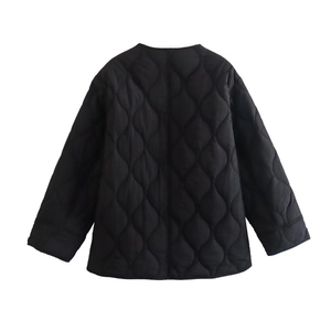 Detail view of black onion-quilted jacket back with sleek collarless design