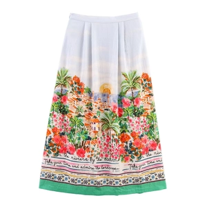 Jupe mi-longue évasée à taille haute avec imprimé paysage méditerranéen et fleurs