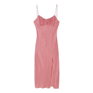 Women Red White Gingham Cami Dress Spaghetti Strap Side Slit Drawstring Midi Dress Summer Streetwear Casual Dress Outfits
