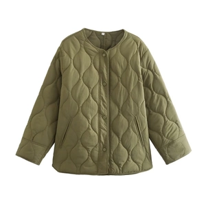Detailed close-up of olive green quilted jacket featuring gourd pattern and snap buttons