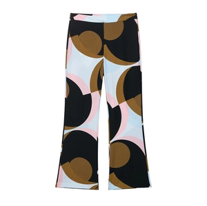 Women's flare pants with retro geometric pop art print in black brown and blue tones