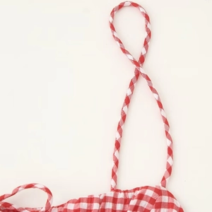 Red gingham sundress with spaghetti straps and elastic ruched neckline detail