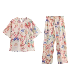 Women Vintage Floral Printed Short Sleeve Pullover Top And High Waist Wide Leg Drawstring Pants Casual Vacation Outfit Top And Bottom