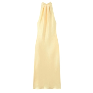 Robe Maxi en Satin Dos Nu Élégante pour Femmes Jaune Sans Manches Plissé Moulante Robe de Soirée Avec Nœud Papillon Cocktail