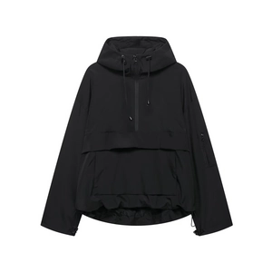 Minimalistische schwarze Kapuzen-Windjacke mit Kängurutasche und verstellbarem Saum