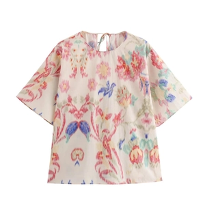 Women's spring floral printed short sleeve top with round neck and back tie closure