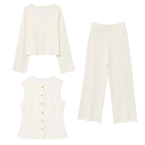 Tenue Décontractée Femme Cardigan Col en V Gilet et Pantalon Large en Maille Texturée Élégante