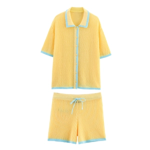 Ensemble Polo Tricot Ajouré Et Short Pour Femmes Bordure Contrastée Cardigan Manches Courtes Short Décontracté