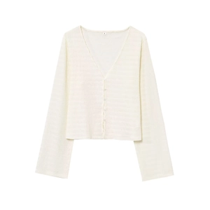 Cardigan beige en maille pour femme 2025 avec col en V boutonné et manches évasées chic