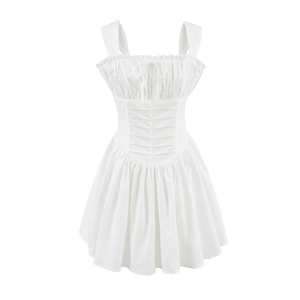 Robe Courte Sexy Blanche pour Femmes Col Carré Nœud Style Milkmaid Français Taille Corset Plissée Mini Robe