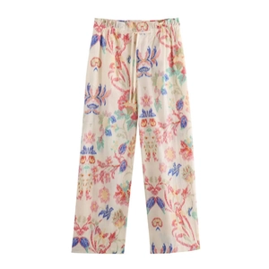 Women's wide leg trousers with colorful abstract print and drawstring elastic waist
