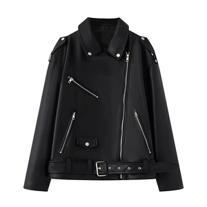 Women Oversized Black Faux PU Leather Biker Jacket Punk Motorcycle Lapel Zip Up Outerwear With Belt Long Sleeve Jacket