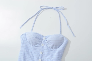 Detailed view of light blue striped halter bodice with front white buttons and pleated cups