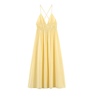 Élégante robe midi jaune pâle avec de fines bretelles et un dos croisé lacé
