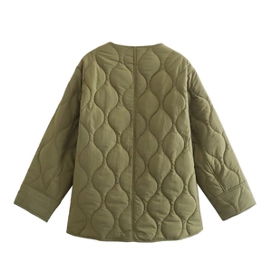 Back view of army green quilted cotton jacket showing wave-pattern stitching and hem details