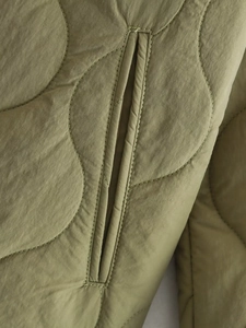Detail of olive green quilted jacket featuring side pockets and gourd pattern stitching