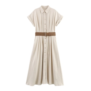 Robe Chemisier Midi Décontractée pour Femme en Mélange de Lin Avec Ceinture Élégante Manches Courtes Plissée Trapèze Beige