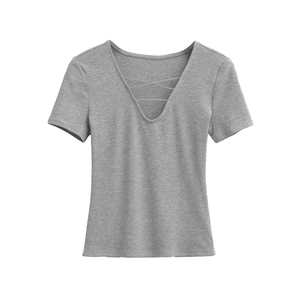 Detail of deep V-neckline with decorative criss-cross straps on grey short sleeve top