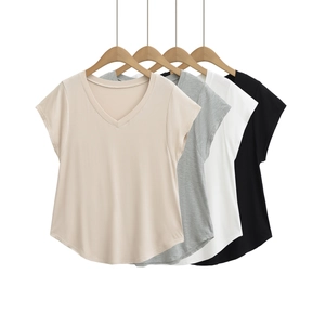 Women's Casual V-Neck Short Sleeve T-Shirt Loose Fit Polyester Top With Curved Hem Solid Color Summer Daily Fashion Tee