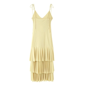French vintage light yellow midi dress with spaghetti straps and layered ruffle hem