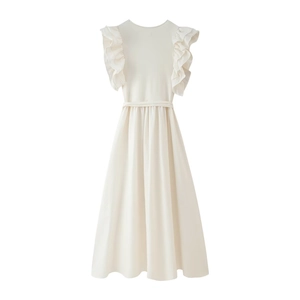 Women Elegant Off-White Sleeveless Midi Dress Round Neck High Waist A-Line Spliced Knit Ruffle Trim Bow Belt Party Dress