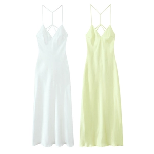 Women Elegant Satin Backless Maxi Dress V Neck Crisscross Straps Sleeveless Flowy Long Party Evening Slip Dress