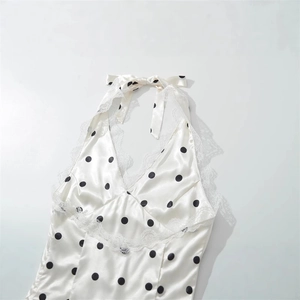Elegant white polka dot halter top with delicate lace trim for women spring fashion