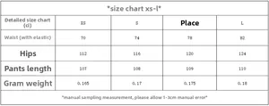 Detailed size chart for women's spring leisure trousers from XS to L with measurements