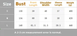 Size chart for bomber jacket with bust, length, shoulder, and sleeve measurements