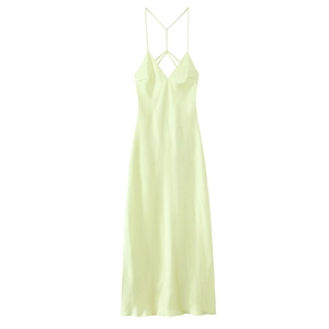 Elegant pale yellow satin slip dress featuring a V-neck and stylish lace-up back
