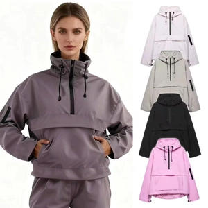 Damen Casual Kapuzen Anorak Jacke Halber Reißverschluss Winddicht Outdoor Sport Mantel Mit Kängurutasche Lose Langarm Outwear