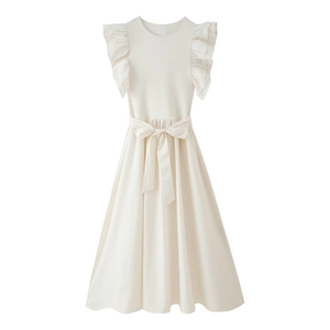 Elegant ivory A-line sleeveless dress with ruffle shoulders and a matching waist tie bow