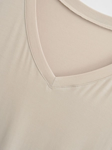 Close-up of the V-neckline featuring fine ribbed texture and premium sewing quality