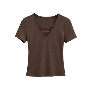 Women's slim-fit V-neck short sleeve top with lace-up cross straps in dark brown