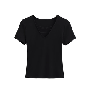Women's black V-neck short sleeve top with stylish criss-cross lace-up neck detailing