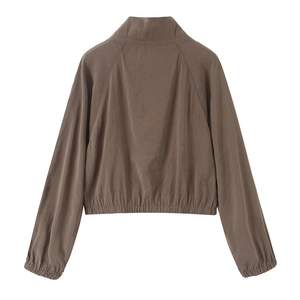 Back view of a cropped dark brown casual jacket with a stand collar and elastic hemline