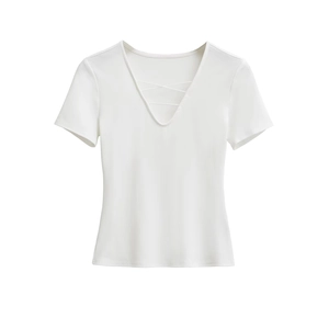 White short sleeve V-neck top with criss-cross detail for women on plain white background
