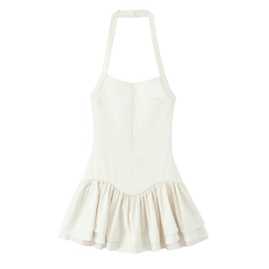 Robe à Étages Dos Nu Halter pour Femme Sexy Dos Nu Ourlet à Volants Sans Manches Polyester Coupe Slim Mini Robe de Soirée Été