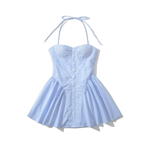 French Style Halter Neck Striped Mini Dress Women Sexy Backless A-Line Button Front Summer Vacation Casual Dress